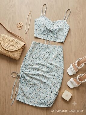 SHEIN Light Blue Floral Drawstring Midi Set